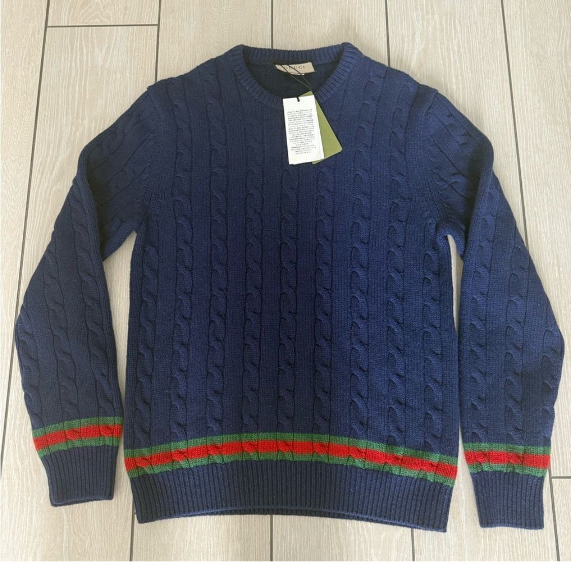 Brand new Gucci Navy Cable Knit Sweater with Red and Green Accents xxl