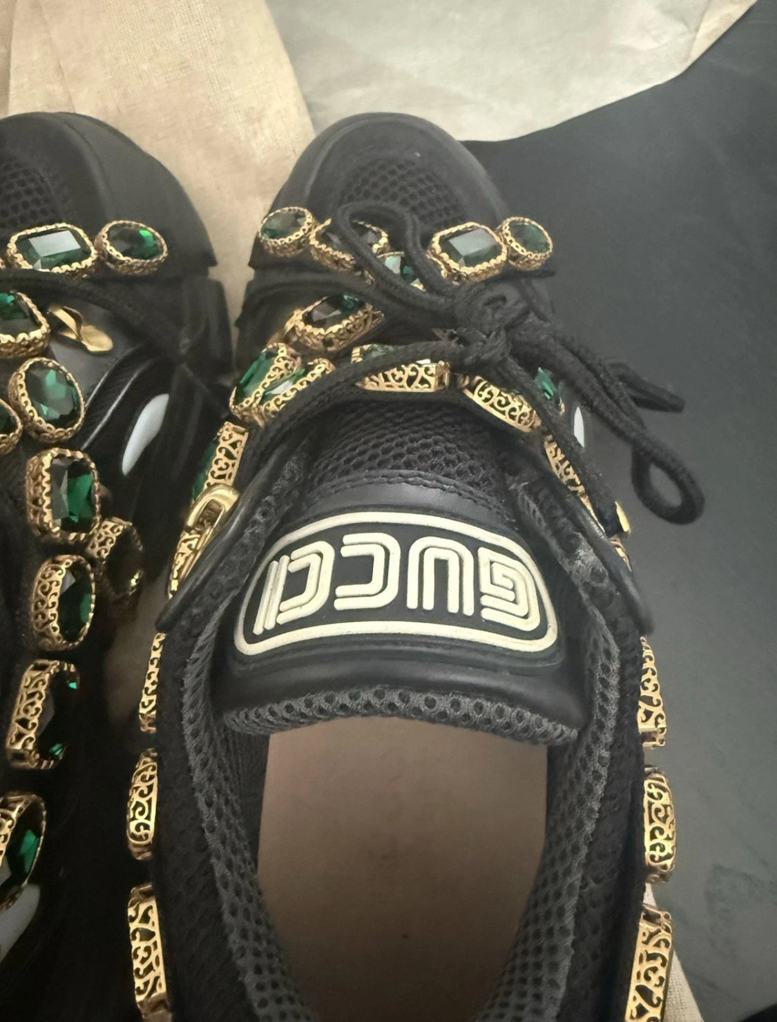 New With Box Size 7.5 - Gucci Flashtrek Green Crystals Black Shoes