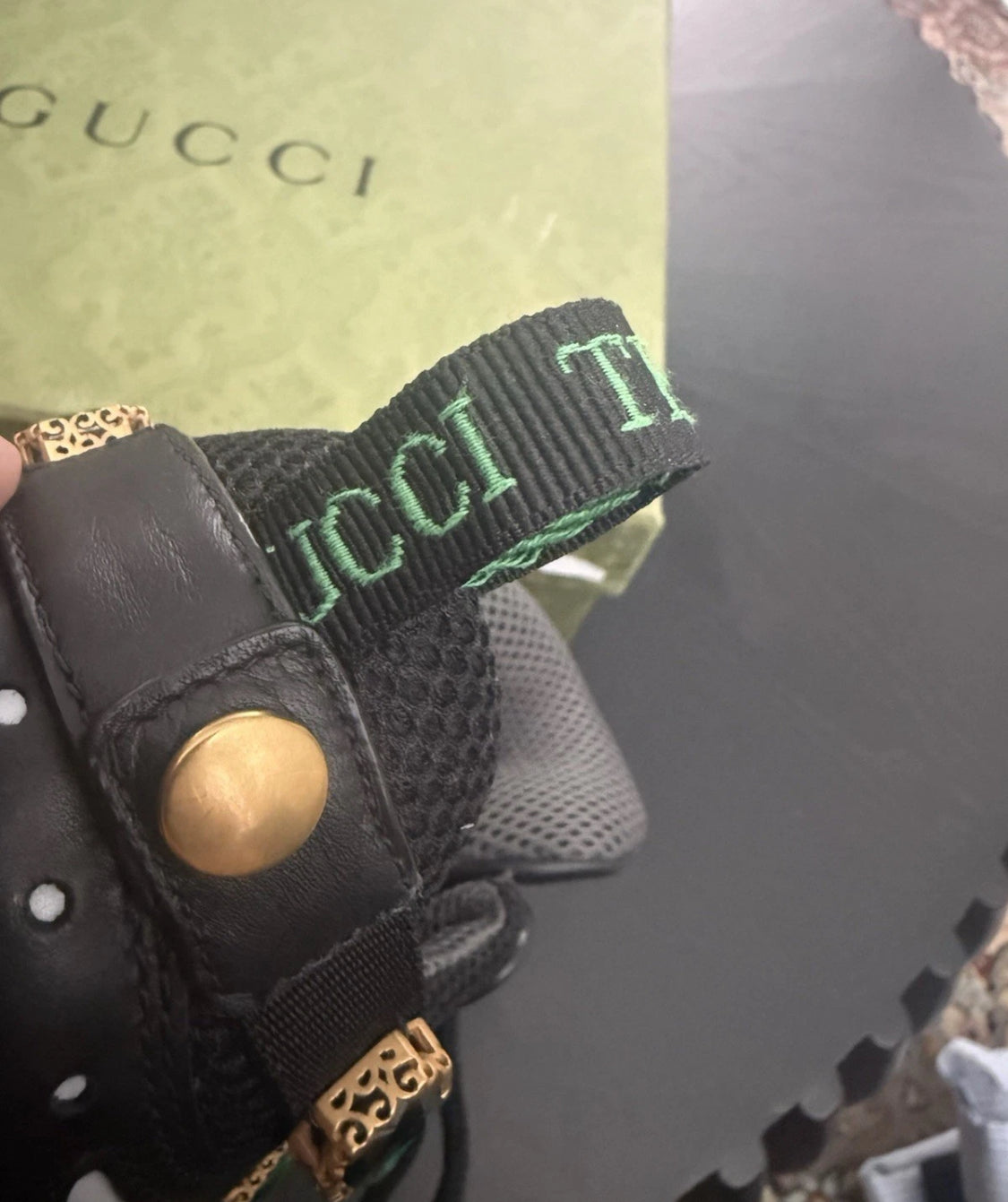 New With Box Size 7.5 - Gucci Flashtrek Green Crystals Black Shoes