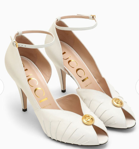 Gucci Rose Peep Toe Ankle Strap Leather Pumps Sandals Heels Shoes White size 9.5
