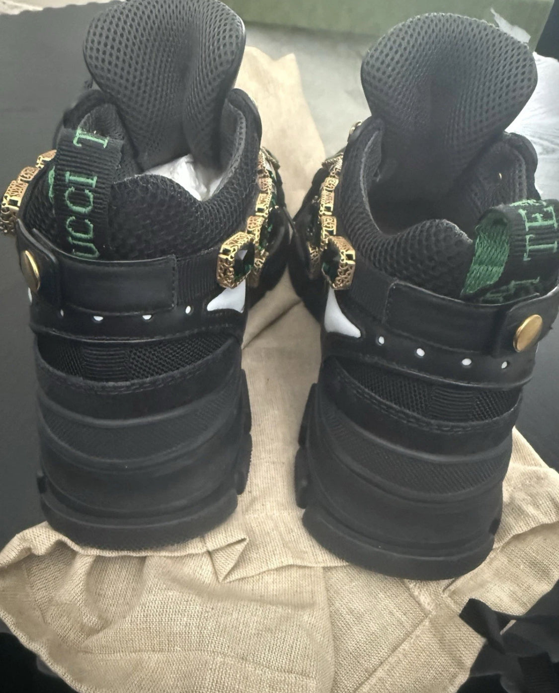 New With Box Size 7.5 - Gucci Flashtrek Green Crystals Black Shoes