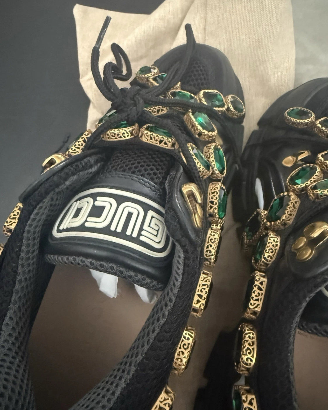 New With Box Size 7.5 - Gucci Flashtrek Green Crystals Black Shoes