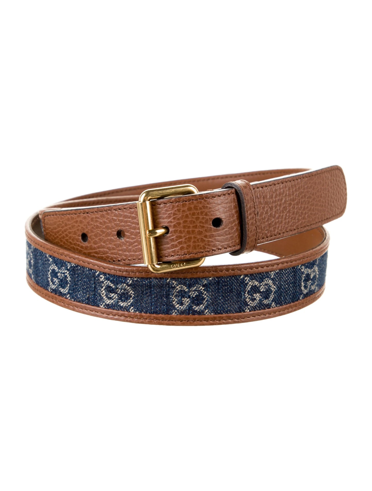 Gucci GG denim Monogram brown leather squire buckle belt size~120