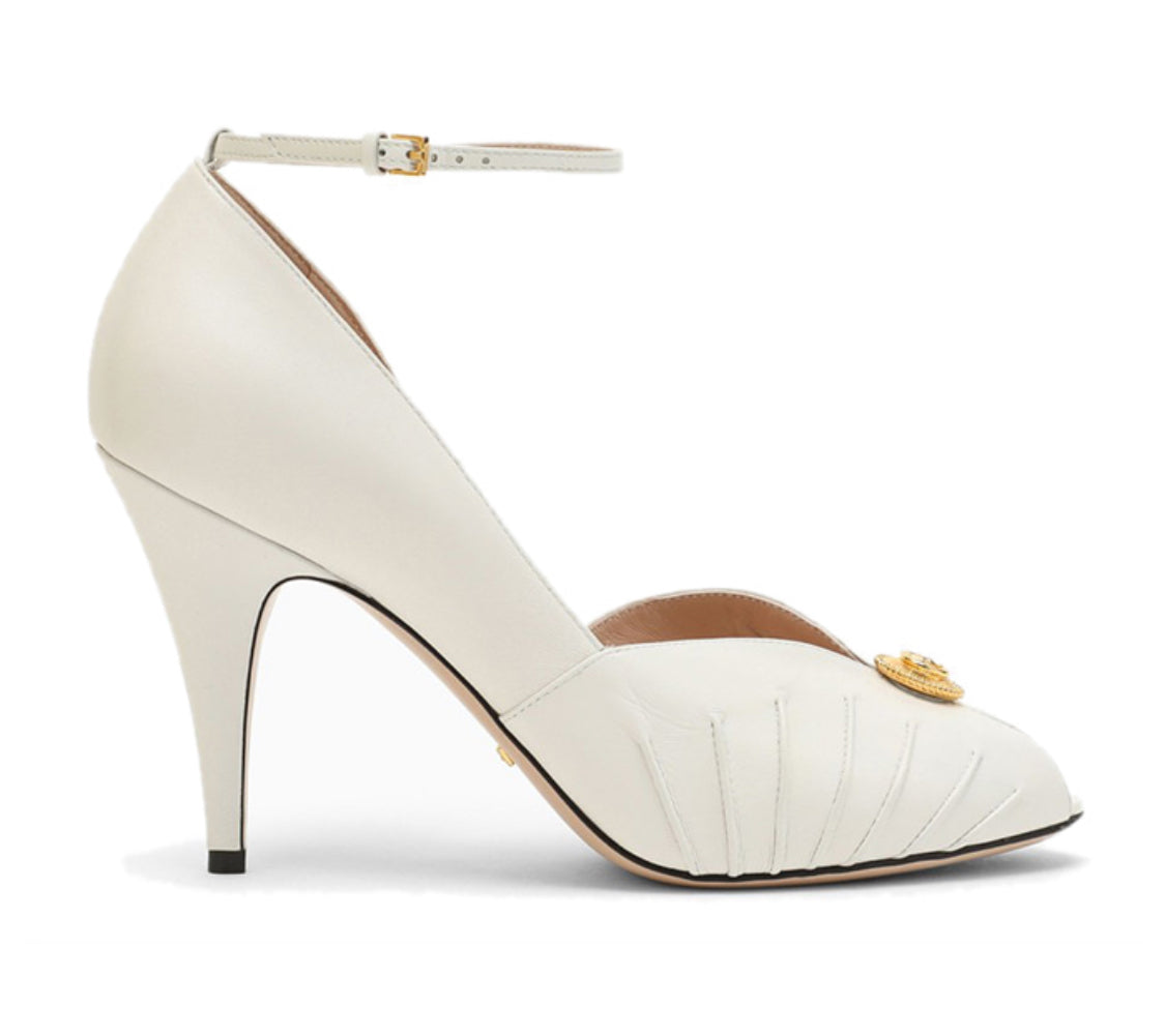 Gucci Rose Peep Toe Ankle Strap Leather Pumps Sandals Heels Shoes White size 9.5