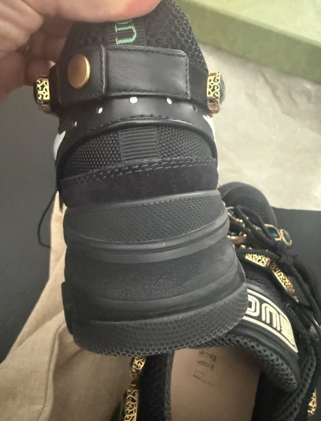 New With Box Size 7.5 - Gucci Flashtrek Green Crystals Black Shoes