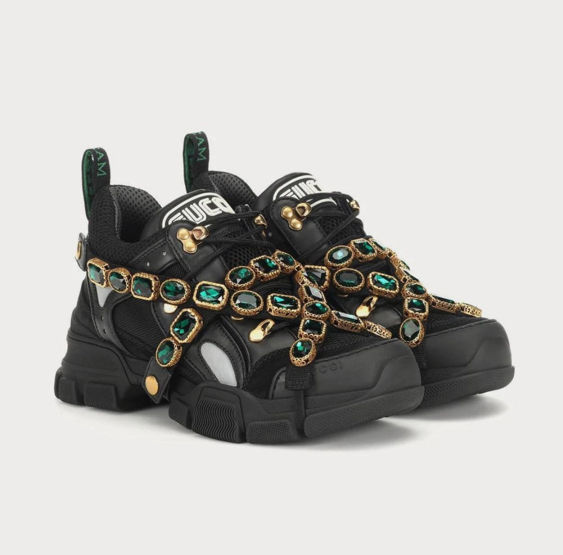 New With Box Size 7.5 - Gucci Flashtrek Green Crystals Black Shoes