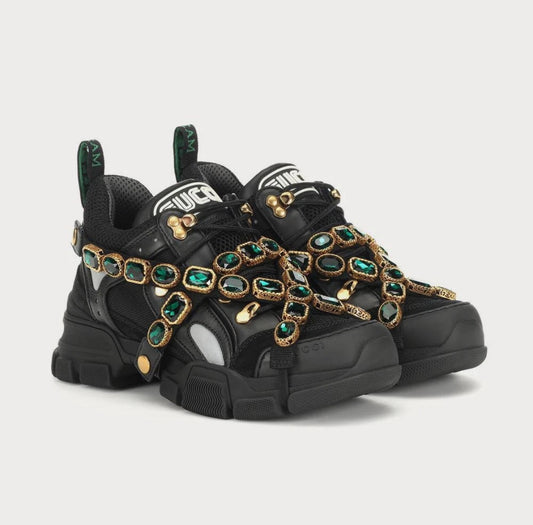 New With Box Size 7.5 - Gucci Flashtrek Green Crystals Black Shoes