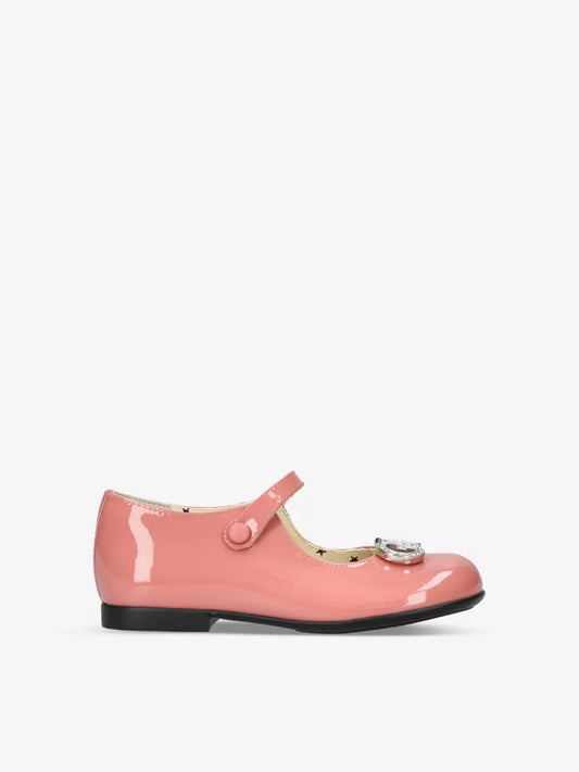 GUCCI kids 
Ruby crystal logo-embellished patent-leather size~ us 2