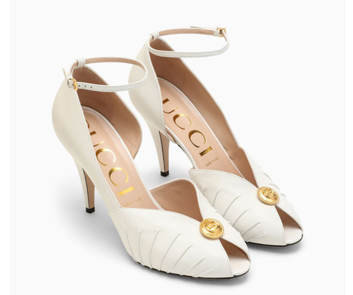 Gucci Rose Peep Toe Ankle Strap Leather Pumps Sandals Heels Shoes White size 9.5