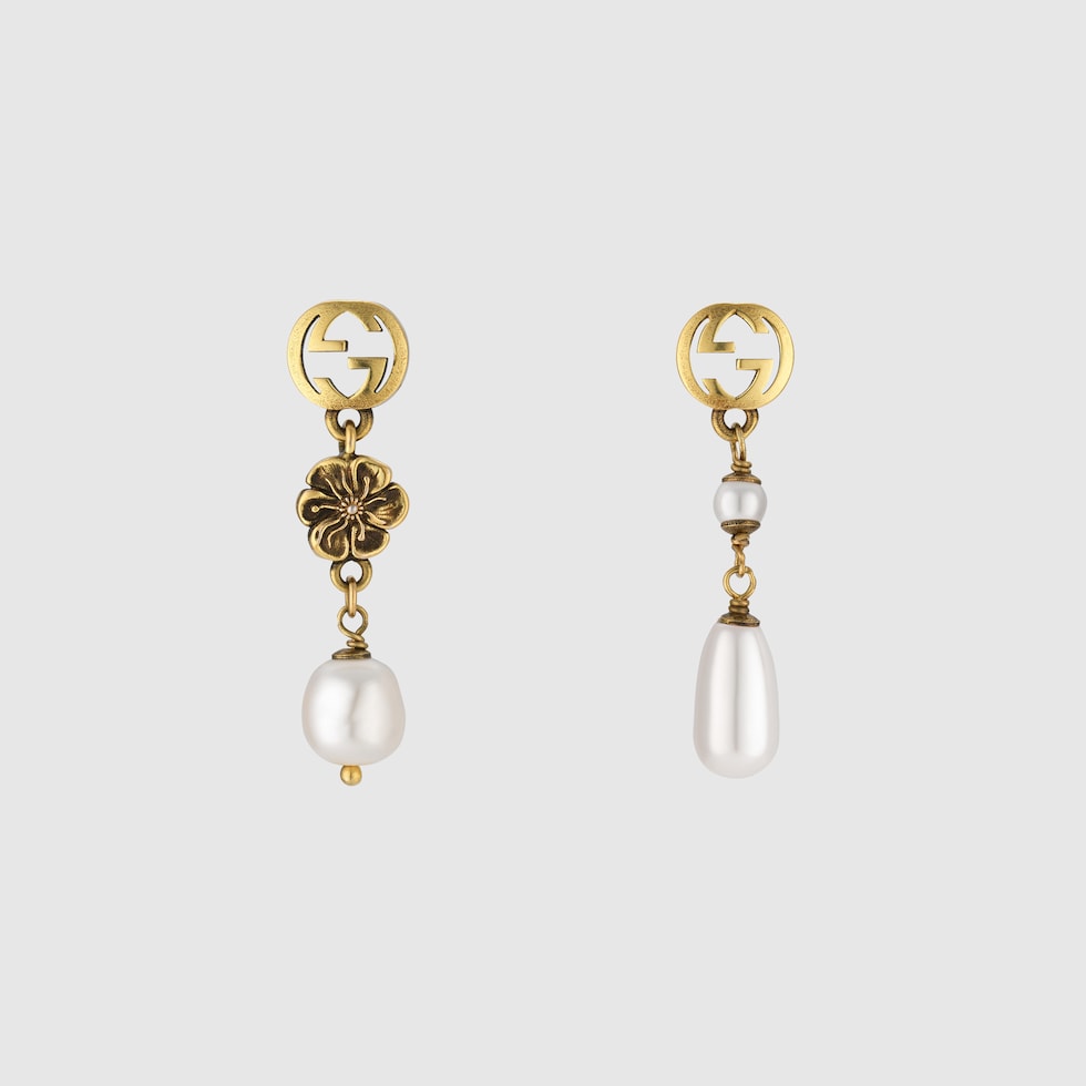 GUCCI INTERLOCKING FLOWER PEARL EARRINGS