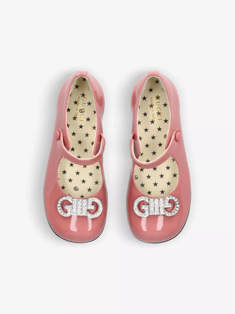 GUCCI kids 
Ruby crystal logo-embellished patent-leather size~ us 2