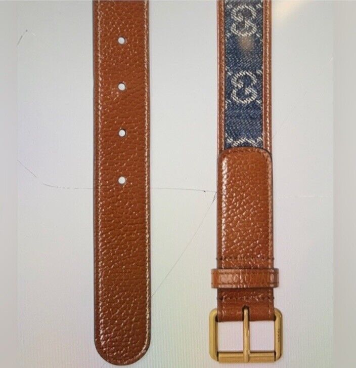 Gucci GG denim Monogram brown leather squire buckle belt size~120