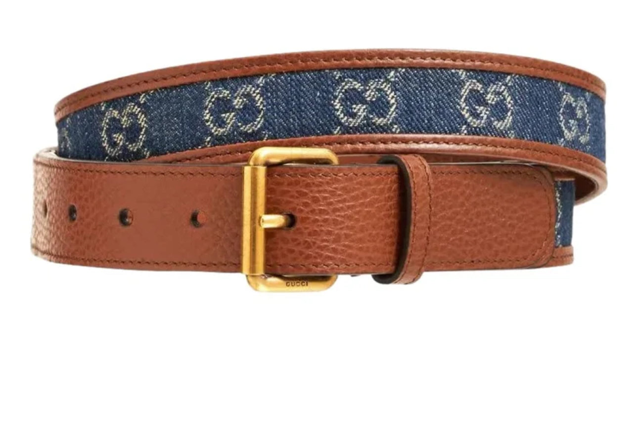 Gucci GG denim Monogram brown leather squire buckle belt size~120