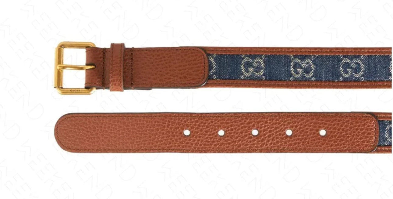 Gucci GG denim Monogram brown leather squire buckle belt size~120