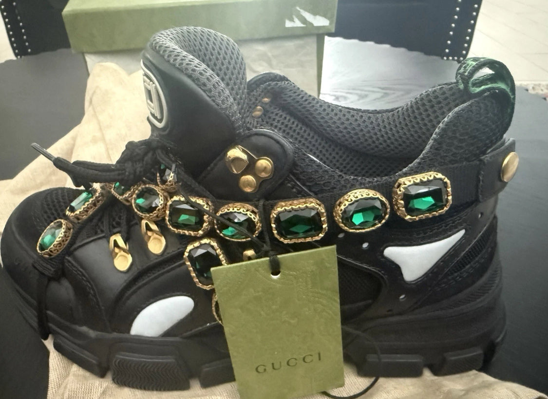 New With Box Size 7.5 - Gucci Flashtrek Green Crystals Black Shoes
