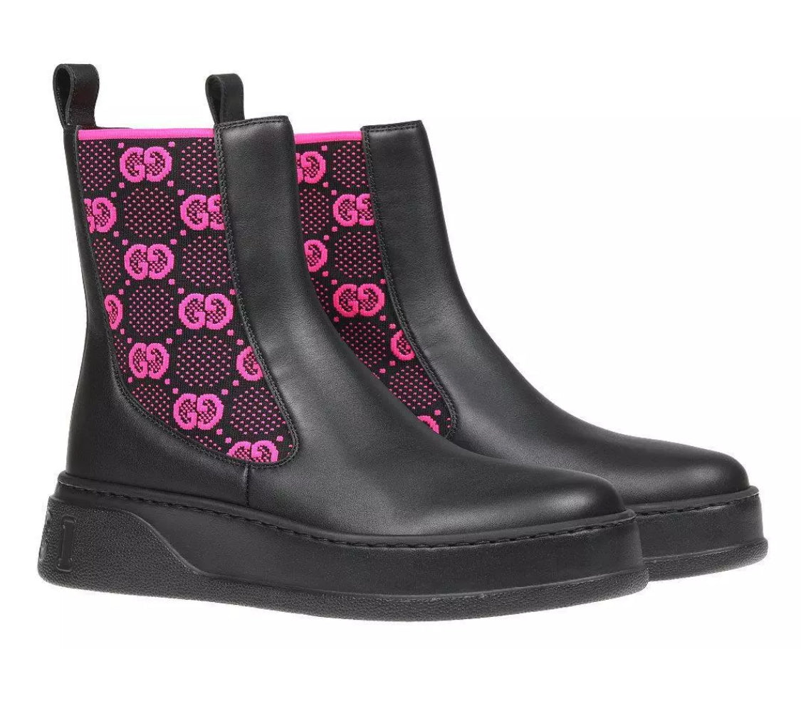 NEW GUCCI BLACK LEATHER GG FUCHSIA INSERT BOOTS SHOES ~ Size 12