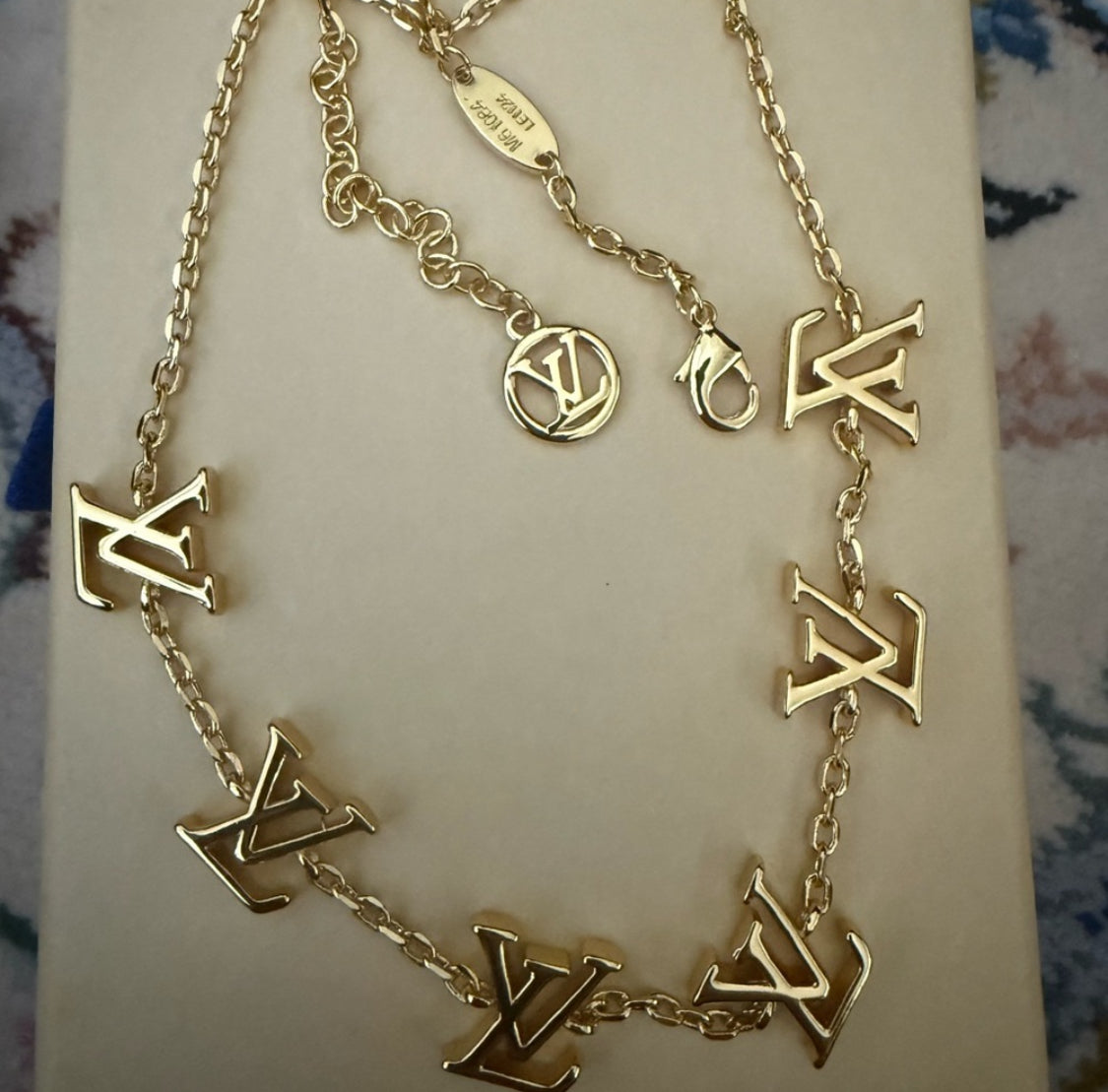 Brand new upcycled Louis Vuitton Gold tone Logo Necklace