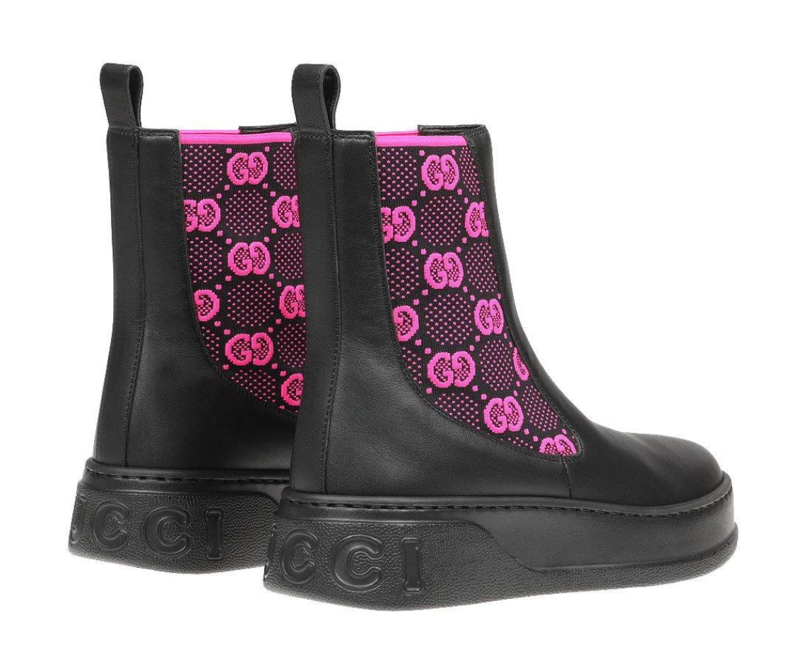 NEW GUCCI BLACK LEATHER GG FUCHSIA INSERT BOOTS SHOES ~ Size 12