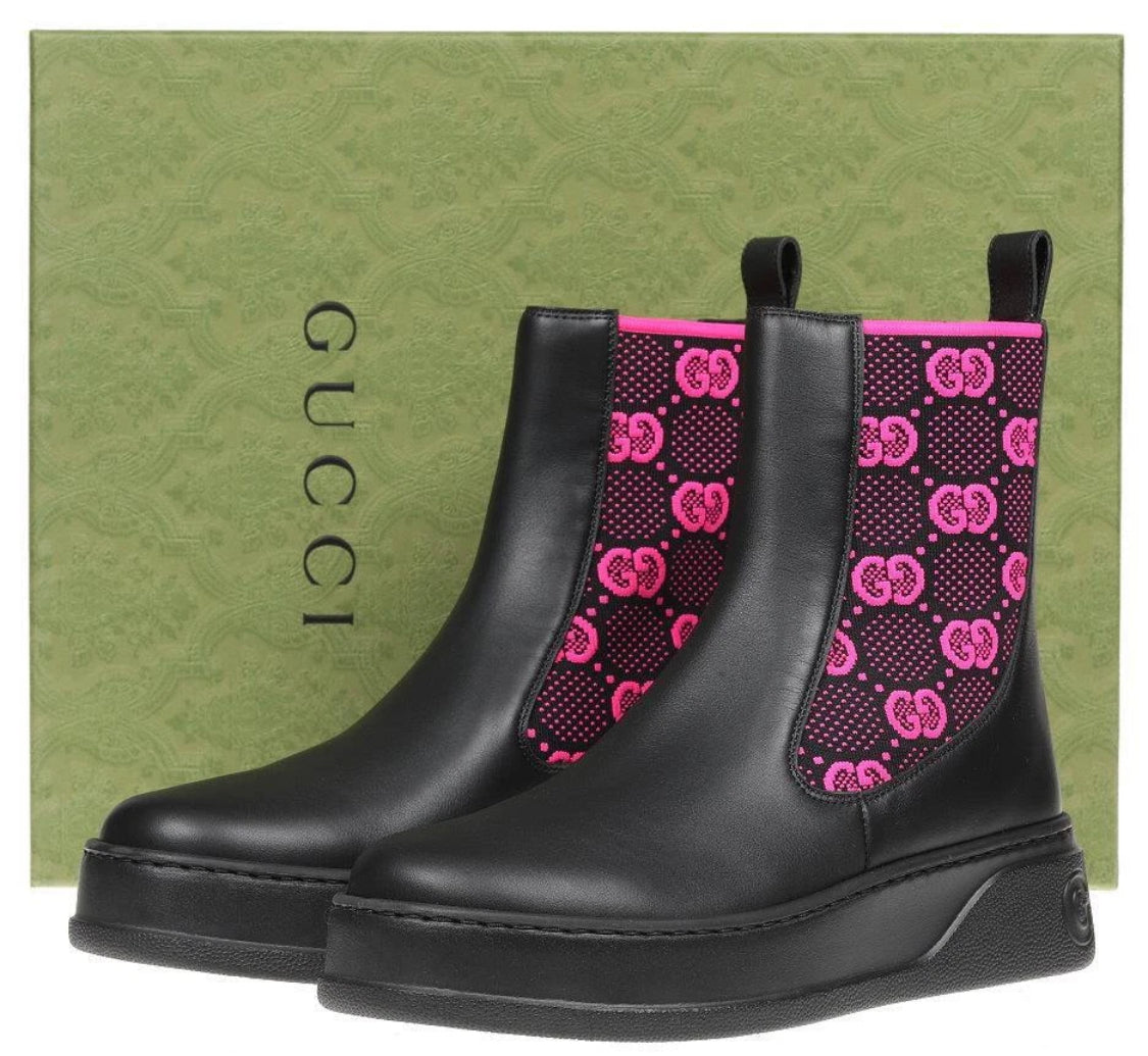 NEW GUCCI BLACK LEATHER GG FUCHSIA INSERT BOOTS SHOES ~ Size 12