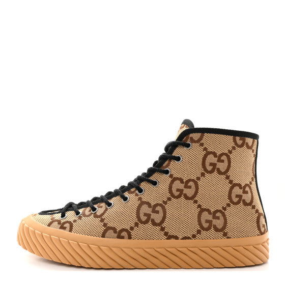GUCCI 
Monogram Jumbo GG New Lace Papin Mens Tortuga High Top Sneakers Camel Ebony ~ size 6.5