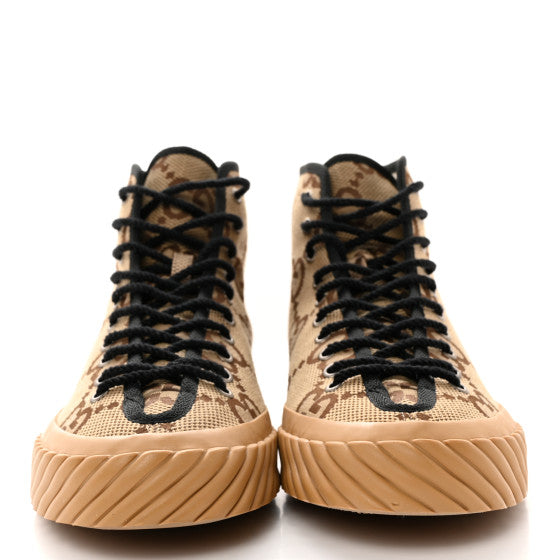 GUCCI 
Monogram Jumbo GG New Lace Papin Mens Tortuga High Top Sneakers Camel Ebony ~ size 6.5