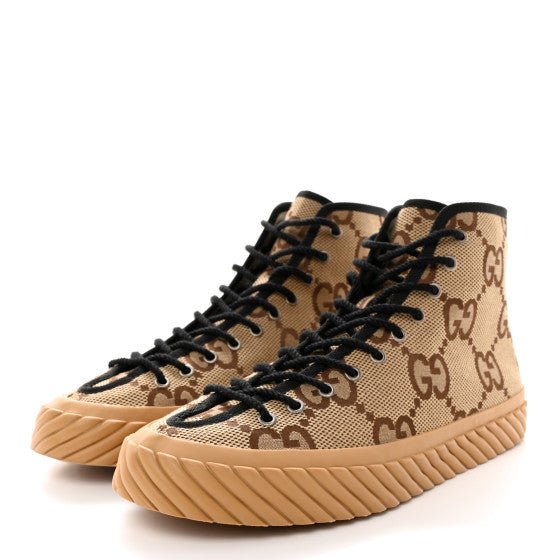 GUCCI 
Monogram Jumbo GG New Lace Papin Mens Tortuga High Top Sneakers Camel Ebony ~ size 6.5