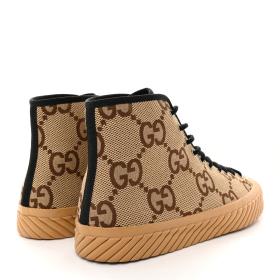 GUCCI 
Monogram Jumbo GG New Lace Papin Mens Tortuga High Top Sneakers Camel Ebony ~ size 6.5