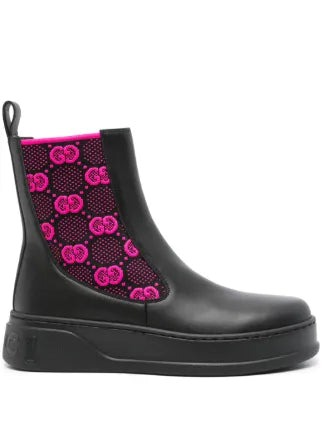 NEW GUCCI BLACK LEATHER GG FUCHSIA INSERT BOOTS SHOES ~ Size 12